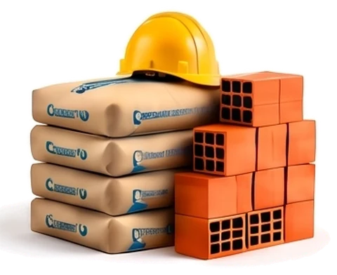 Sacos de cimento, tijolos e capacete de obra