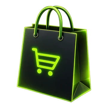 Sacola de compras preta com ícone de carrinho em neon