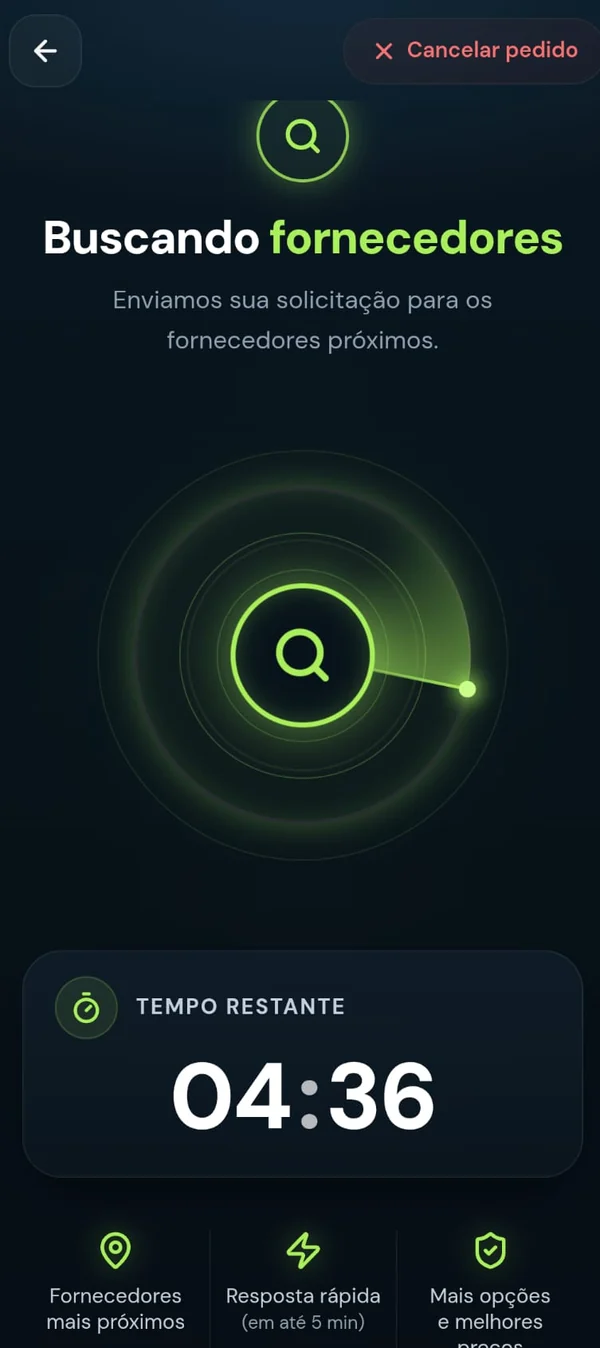 Tela do app buscando fornecedores próximos, com radar e cronômetro de tempo restante