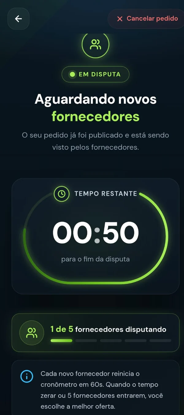 Tela do app com o pedido em disputa, contador regressivo e quantidade de fornecedores disputando