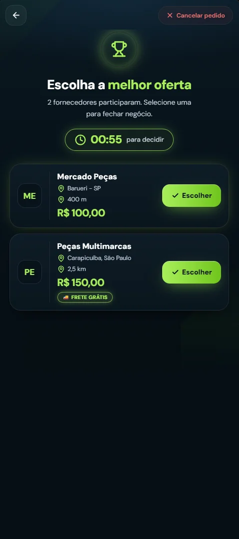 Tela do app com as propostas dos fornecedores e o botão Escolher