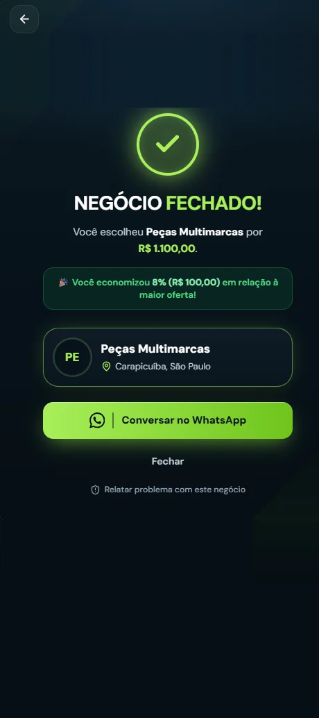 Tela do app de negócio fechado: você escolheu Peças Multimarcas por R$ 1.100,00 e economizou 8% (R$ 100,00) em relação à maior oferta, com o botão Conversar no WhatsApp